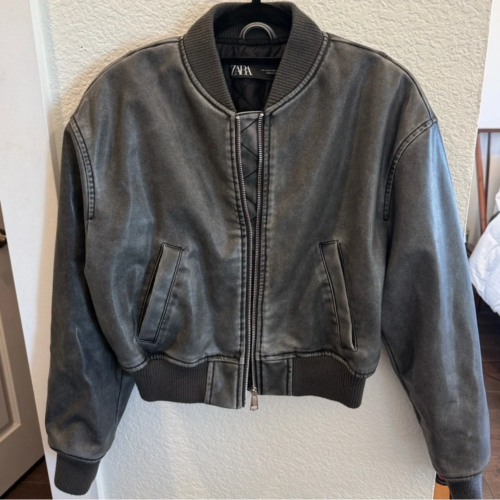 Zara Distressed Faux Leather Bomber Jacket - Picture 2 of 6